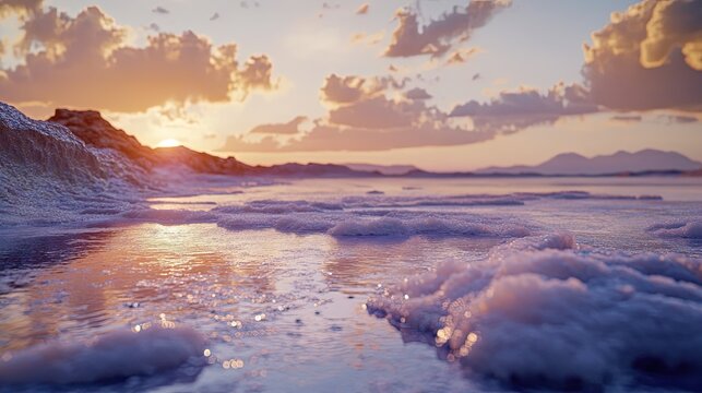 Salt lake at sunset with a rocky shore and blurred reflection on water