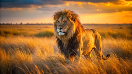 Majestic Lion Roaming Golden Grasslands at Sunset in Africa