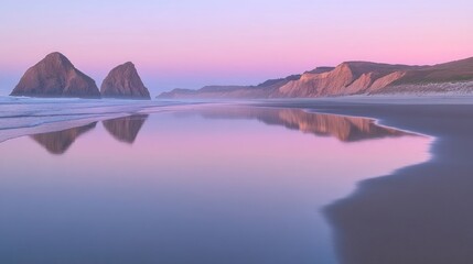 Fototapeta premium Serene coastal landscape at sunset, reflecting rocks in calm ocean water.
