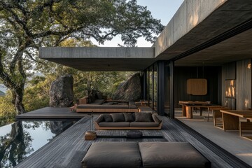 Fototapeta premium Serene Minimalist Concrete House with Infinity Pool and Stunning Mountain View