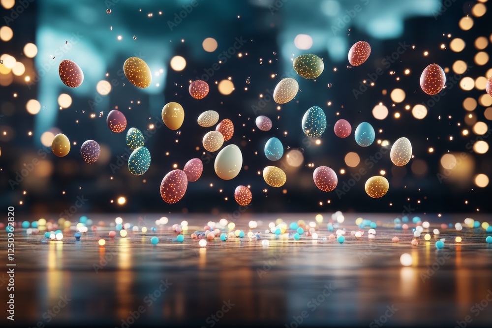 Poster colorful sparkling eggs arranged in a festive display with blurred lights in the background