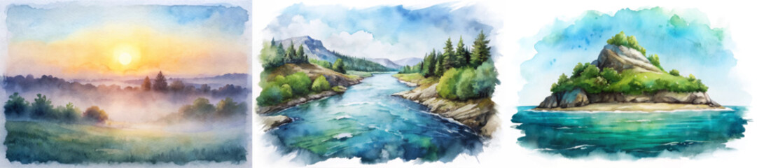 Watercolor landscape painting, serene sunset view, tranquil river scene, lush green hills, peaceful island setting.