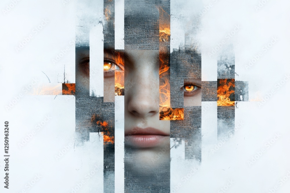 Poster mysterious figure with fiery eyes surrounded by abstract textures in a surreal composition