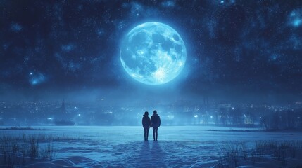 Fototapeta premium Couple staring at full moon winter landscape digital art night sky romantic concept