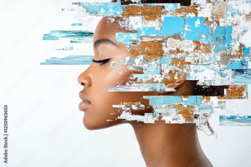 Poster creative representation of identity and perception through abstract fragmentation and color contrast