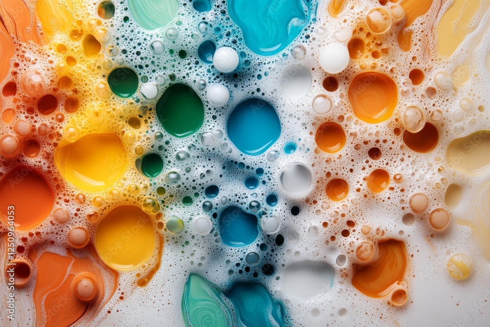 Poster vibrant bubbles and paint in an artistic splash on a white surface, creating a colorful abstract des