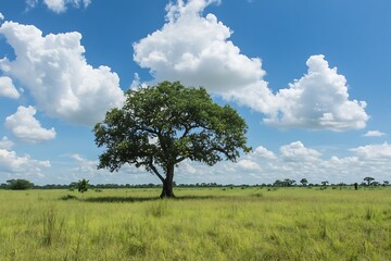 Fototapeta premium Lush Savanna Landscape with Majestic Tree Under a Cloud-Filled Sky