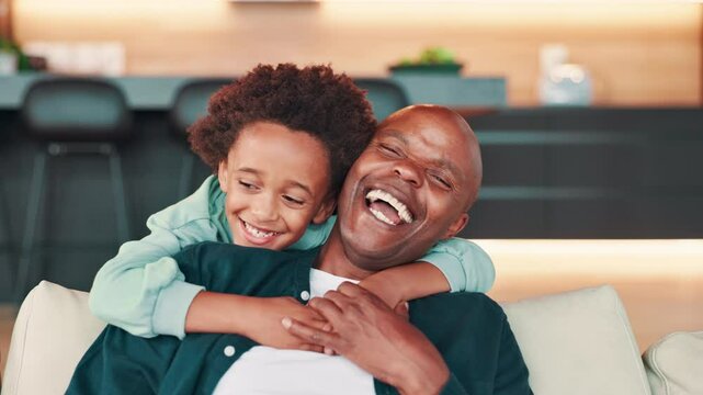 Home, face and dad with child for hug, safety and bonding together with connection as happy family. Black people, man and boy in portrait for love embrace, support and fathers day on sofa in house