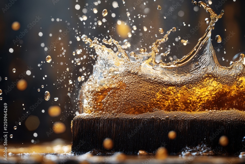 Poster bubbles and splashes created by a brush in a refreshing beverage under bright lighting