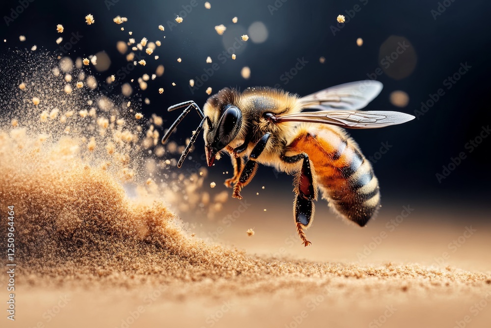 Poster honey bee collecting pollen in a close-up view showing the intricate details of its body and the sur