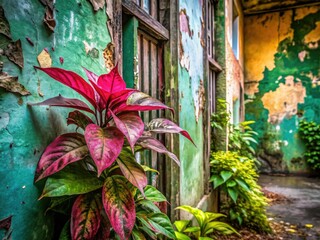 Pink and green foliage thrives amidst abandoned urban decay.