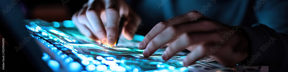 Poster hands manipulating us currency on illuminated surface