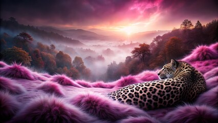 Beautiful Leopard Relaxing on Pink Fur at Sunset in Vibrant Landscape