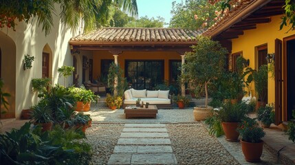 Fototapeta premium Sunny Spanish courtyard oasis, relaxing patio furniture, lush greenery, tranquil background, vacation getaway