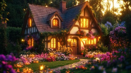Sunset Cottage Garden, whimsical home, forest backdrop, fairytale