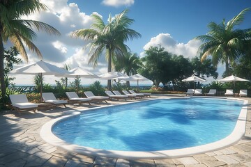 Fototapeta premium Luxurious Tropical Poolside Retreat with White Umbrellas and Lounge Chairs