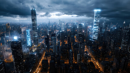Naklejka premium stunning cityscape with glowing skyscrapers under dramatic sky