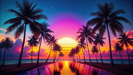 Obraz premium Retro synthwave sunset: palm trees silhouetted against neon skies, a vibrant beach party double exposure.