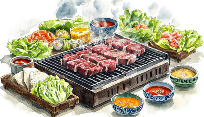Watercolor_illustration_of_Korean_barbecue_with_meat_on_the_grill,_surrounded_by_vegetables,_tofu,_and_dipping_sauces.