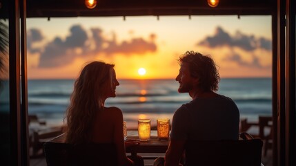 Romantic sunset dinner for two beachside photography serene ambiance couple's perspective love concept