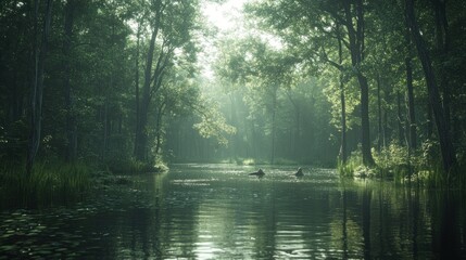 Obraz premium Misty morning kayak on tranquil forest river