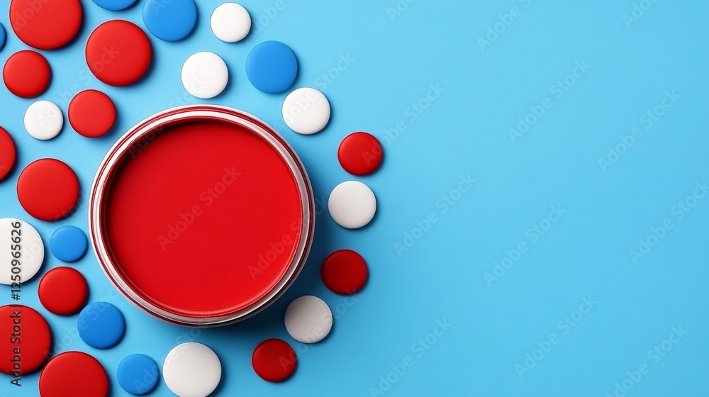 Poster red paint and colorful circles: a striking composition of a red paint can surrounded by a variety of