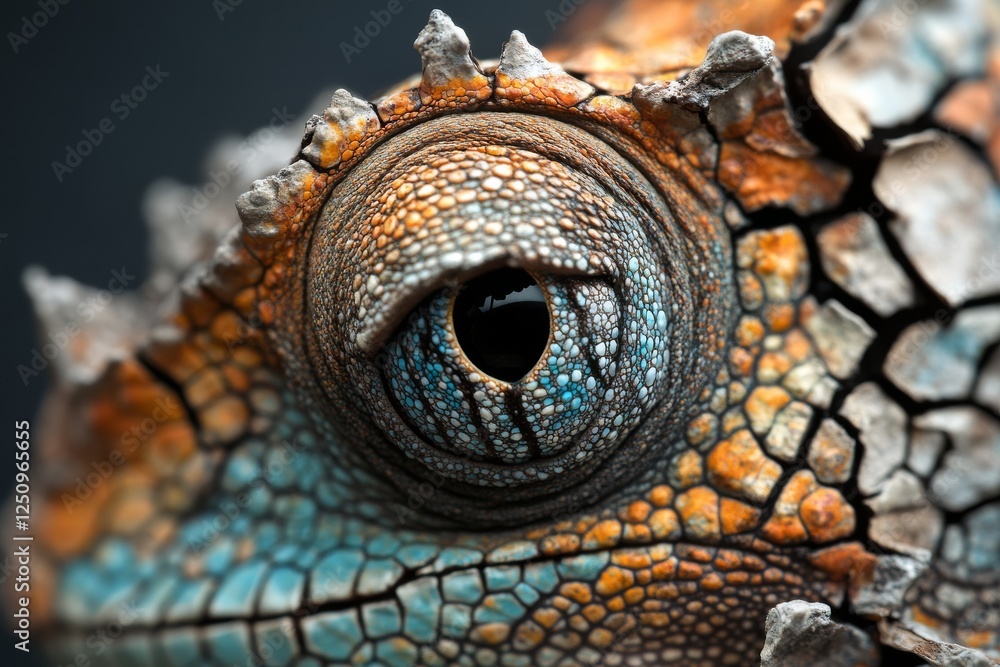 Poster close-up view of a colorful lizard's eye showcasing intricate patterns and textures in a natural set