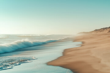 Obraz premium minimalist sea landscape with waves an sandy beach. horizon. soft warm colors. minimalist seasshore background 