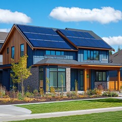 Fototapeta premium Suburban home solar panels energy efficiency