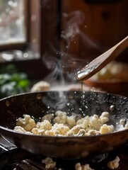 Cauliflower cooking in a frying pan. Cook fresh healthy culinary steaming vegetables 