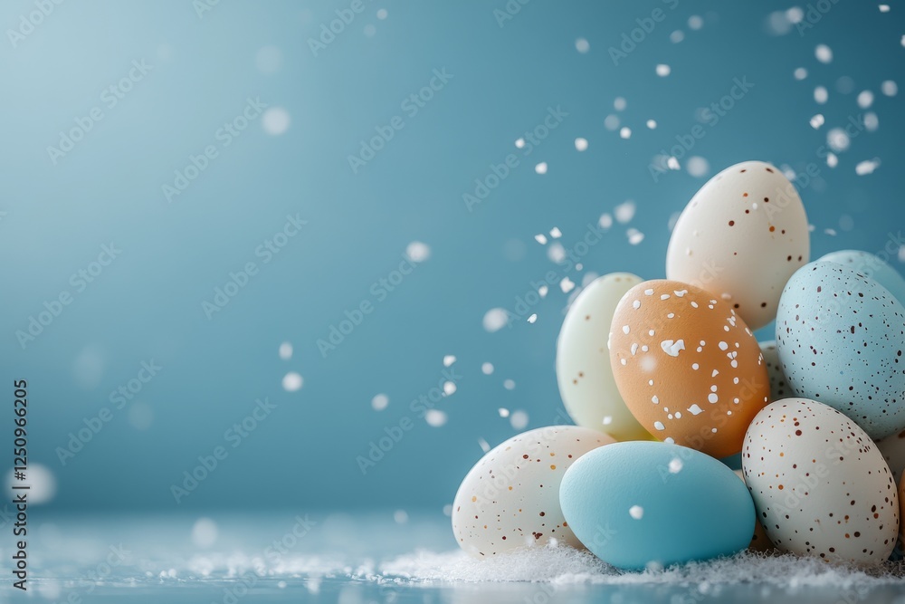 Poster colorful eggs arranged on a table with decorative snowflakes falling around them in a festive settin