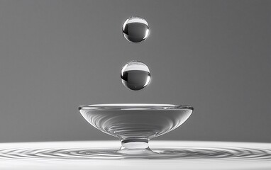 Two water droplets landing in a concave glass dish