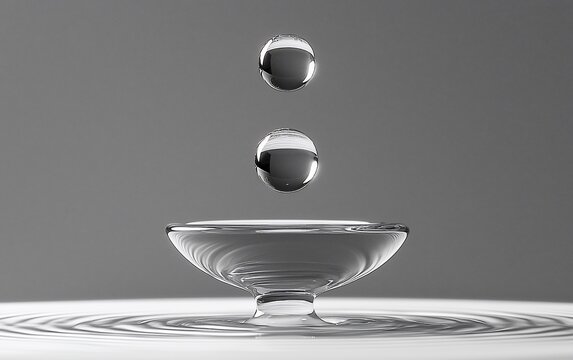 Two water droplets landing in a concave glass dish