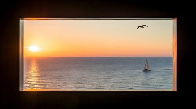 Fototapeta Evening sea seen through the window. There is an evening sun, a sunset, clouds, and a horizon. And, there is a ship and a seagull in the sunset. In the window.