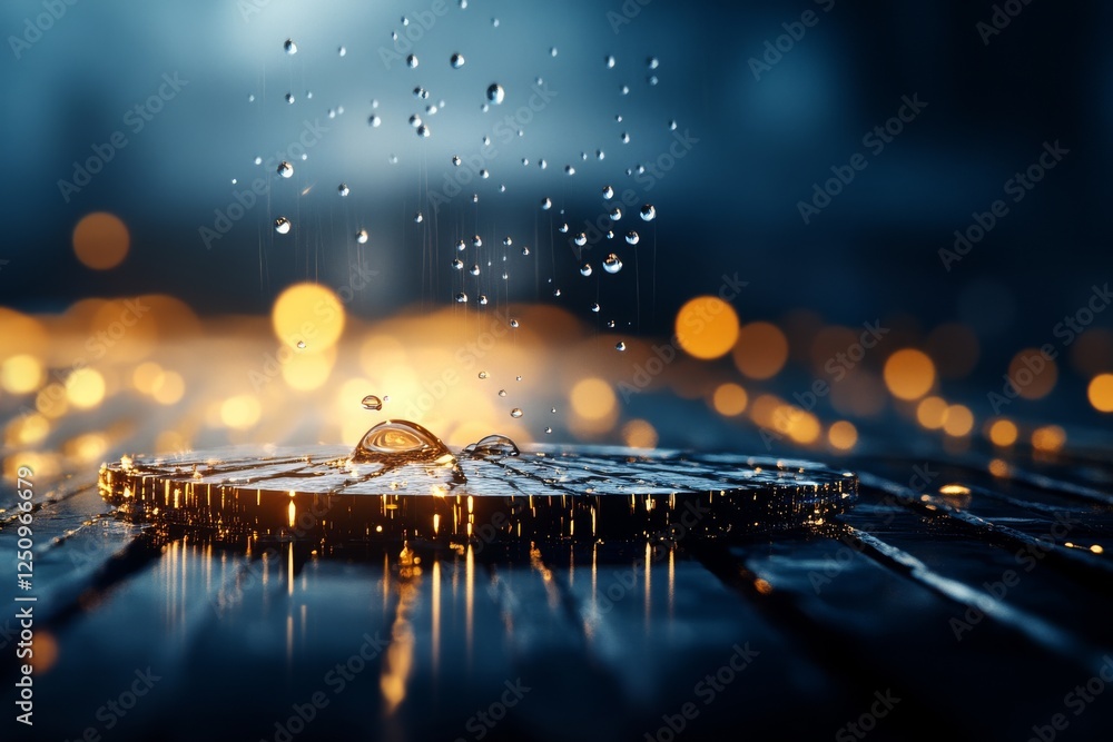 Poster raindrops splashing on a metallic surface during evening, creating a beautiful display of light and 