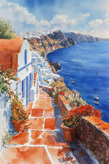 Watercolor_panorama_of_a_coastal_town_with_white_buildings,_orange_brick_paths,_and_a_calm_blue_sea.