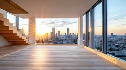 Stunning city skyline view from modern apartment with sunset glow