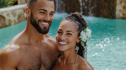Obraz premium couple enjoying joyful moment by pool with waterfall backdrop