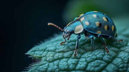Fototapeta premium Teal ladybug on leaf, macro shot, dark background, nature photography