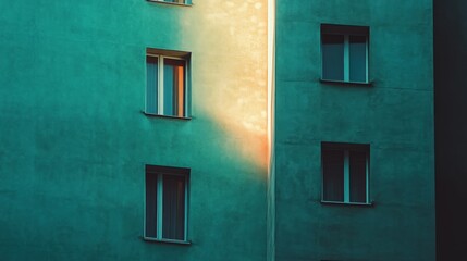 Sunset light illuminates apartment building windows, urban scene, architectural detail, poster design