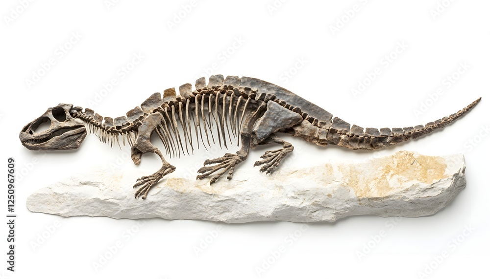 Aufkleber fossilized dinosaur skeleton displayed on rock