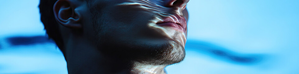 Fototapeta premium Close-up of Male Face with Water Refraction Patterns