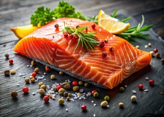 Sizzling red fish steak, vibrant spices, rustic stone backdrop.  A gourmet seafood feast awaits.