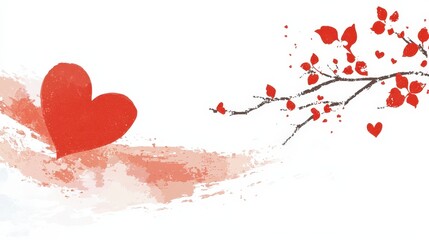 Obraz premium Red Hearts and Flowering Branch on a Soft White Background