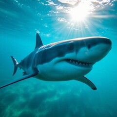 High-resolution stock photo a great white shark, powerfully built, sleek, predatory, detailed scales visible, swimming through sunlit ocean water, vibrant blues and greens