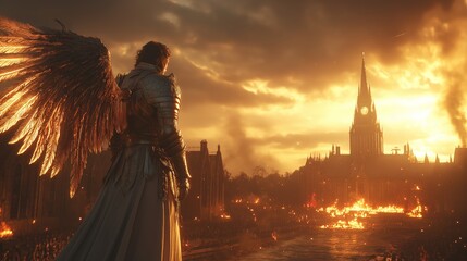 Epic battle of light vs darkness dystopian cityscape digital art dramatic sunset heroic viewpoint