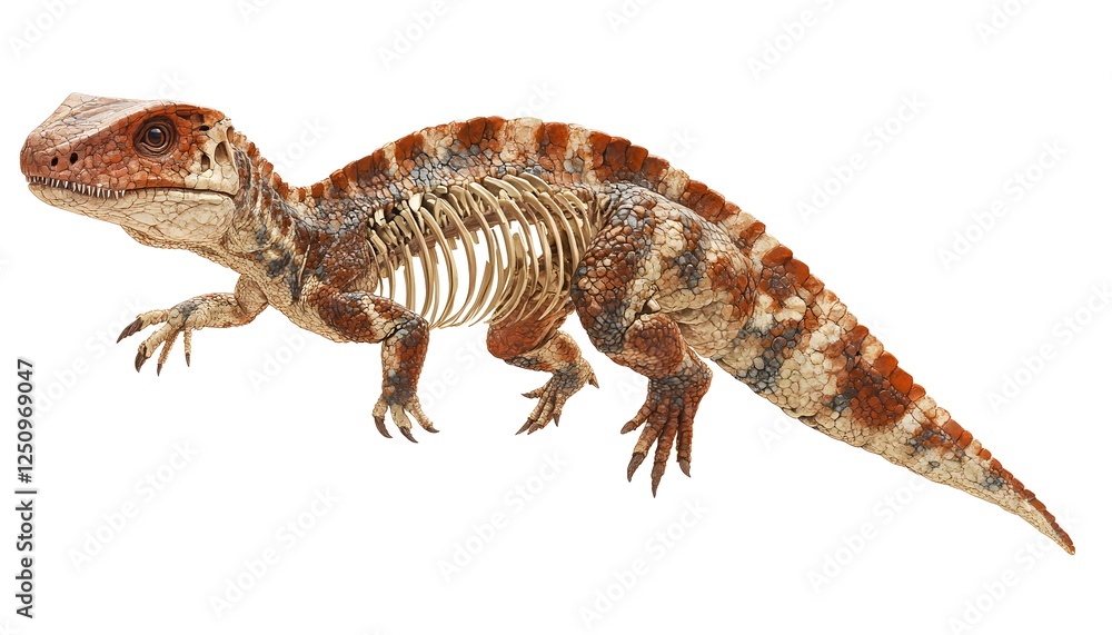 Poster reptilian fossil showing skeletal structure and skin
