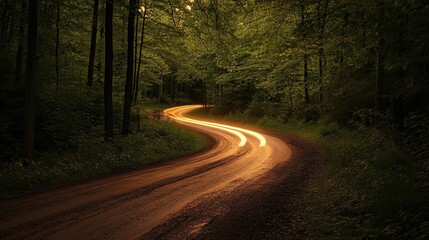 Obraz premium Mystical Forest Path at Dusk with Glowing Vehicle Light Trails