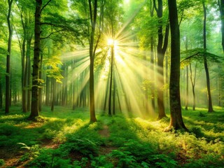 Obraz premium Sunbeams pierce a mystical green forest, creating a magical low-light scene; nature's artistry captured.