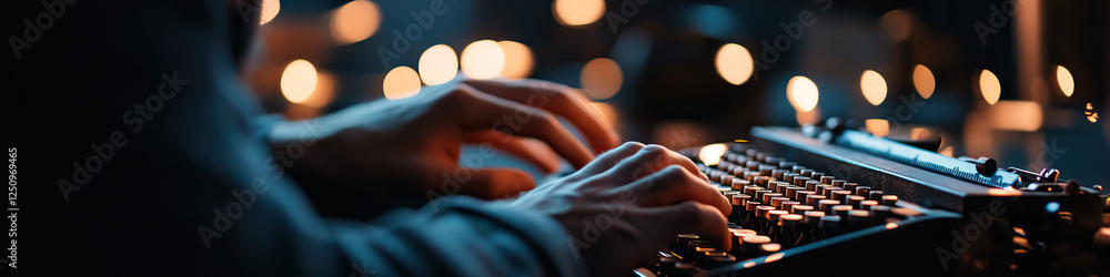 Poster person using vintage typewriter with bokeh background